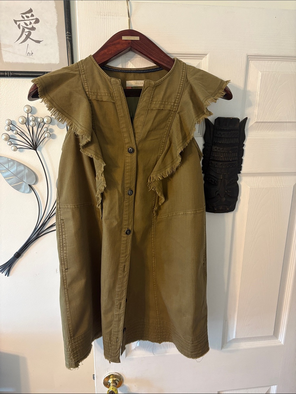 Pilcro Olive Green Frayed Ruffle-Sleeve Mini Dress